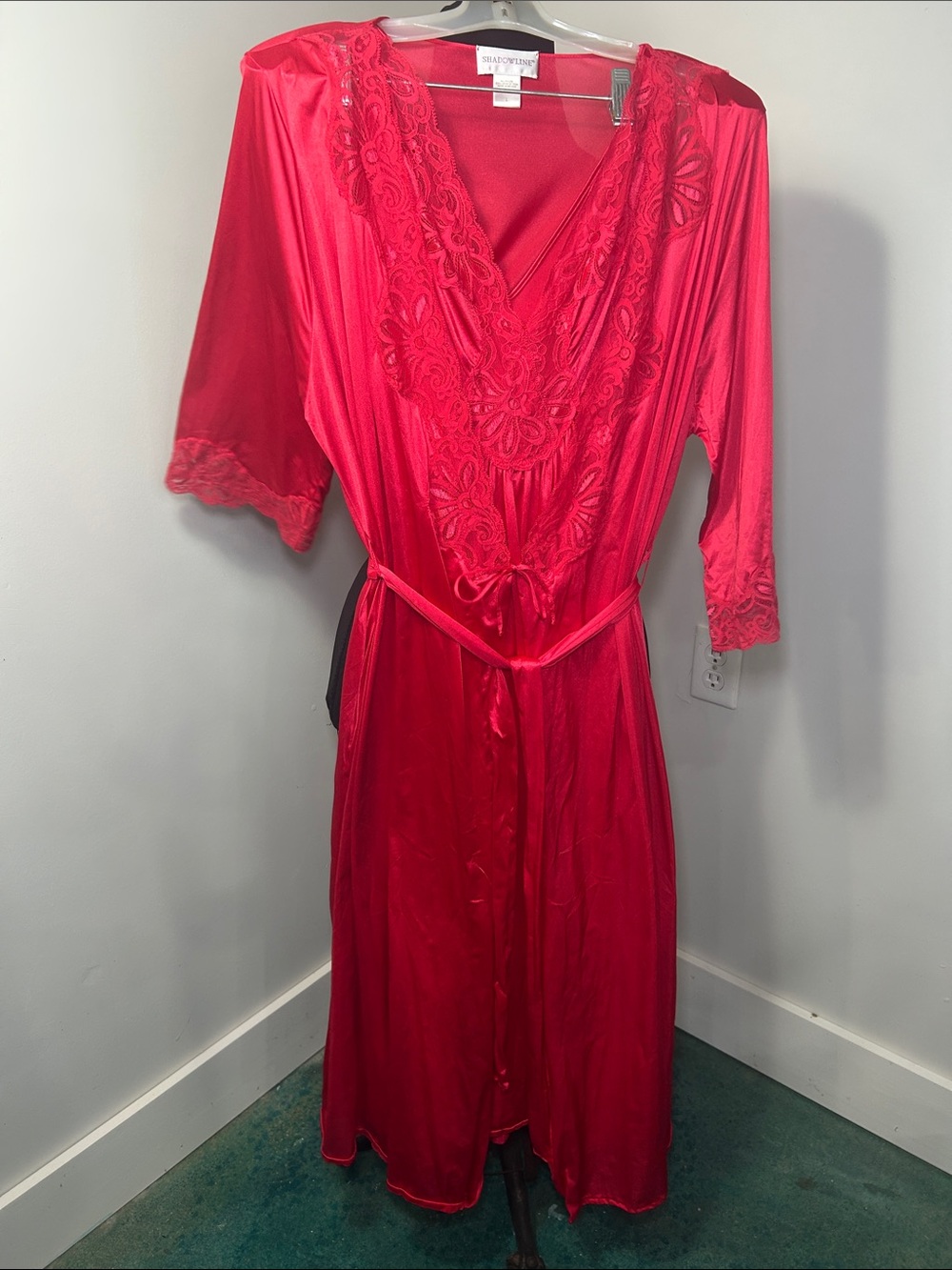 Red Satin Lace-Trim Robe with Tie Belt by Shadowline